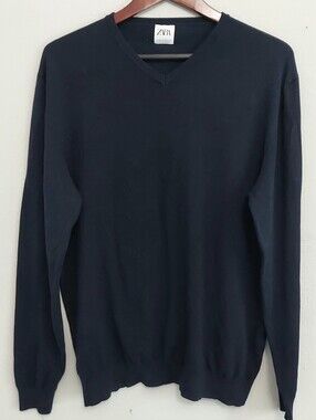 Zara Vneck Navy Pullover Sweater Men XL Preppy Career